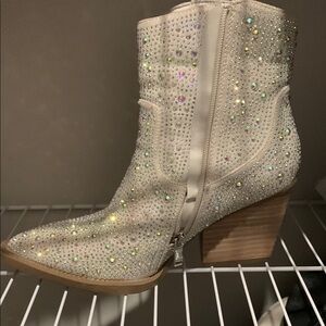 Madden Girl Cream Ankle Boots with Rhinestone Embellishments